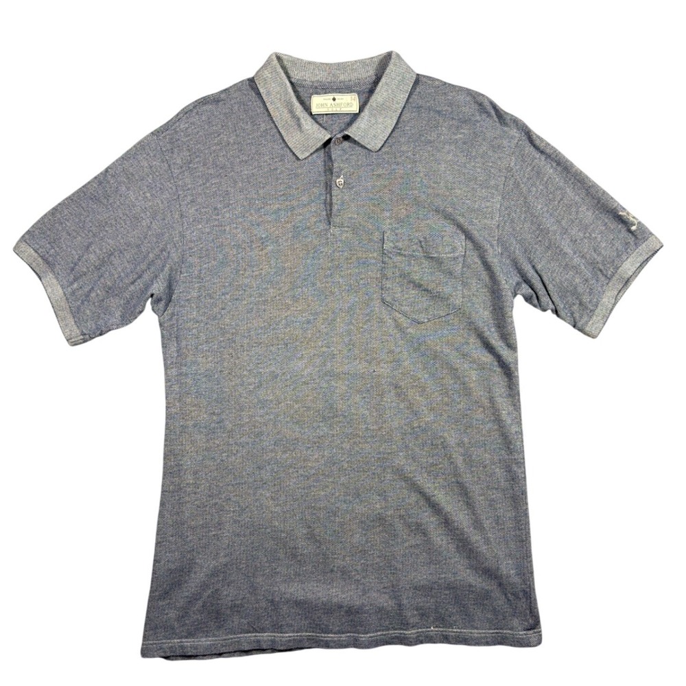 John Ashford Golf Polo Mens L Blue Herringbone Knit Pocket Short Sleeve